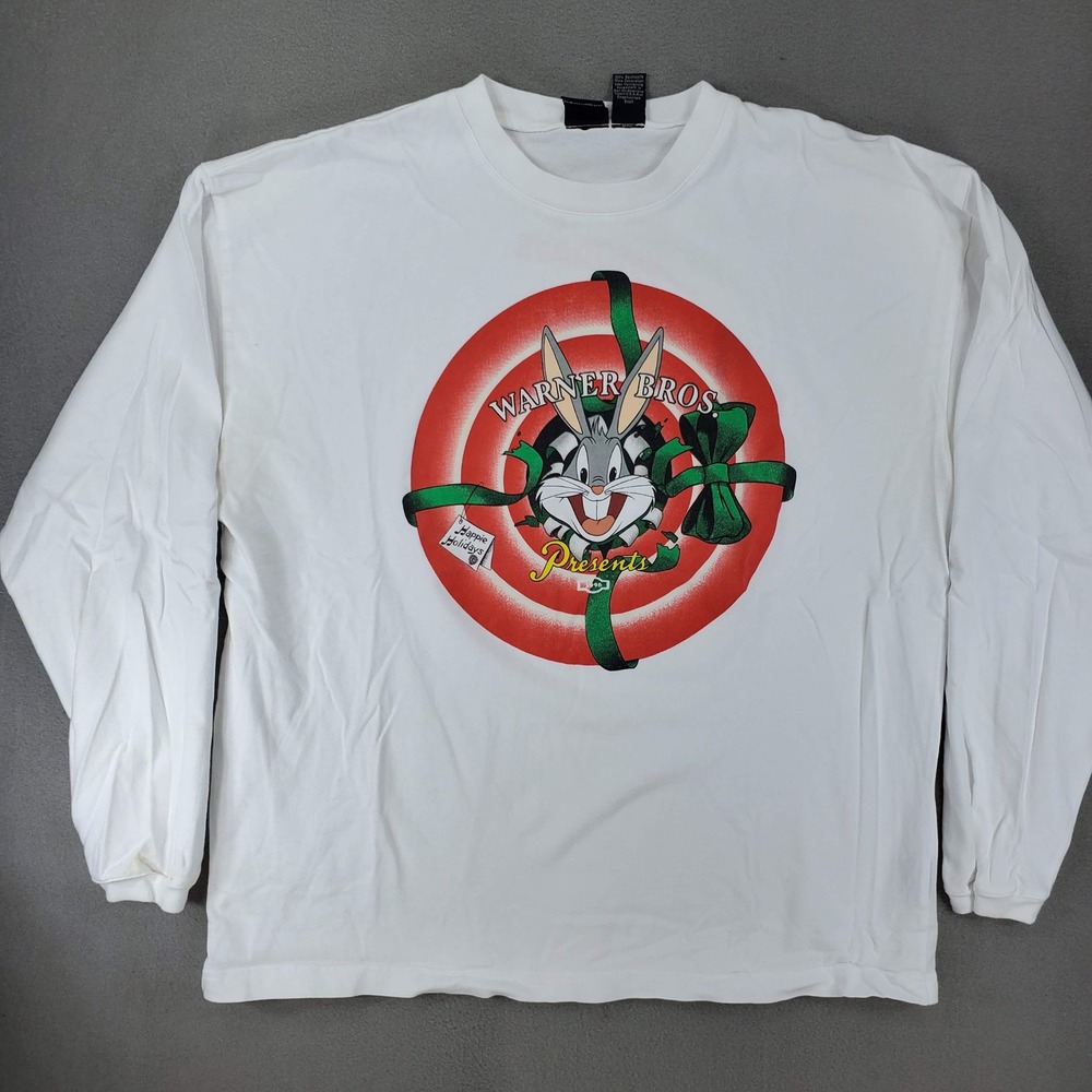 Warner Bros Studio Store Long Sleeve T-Shirt XL White Bugs Bunny VTG 96 Holiday
